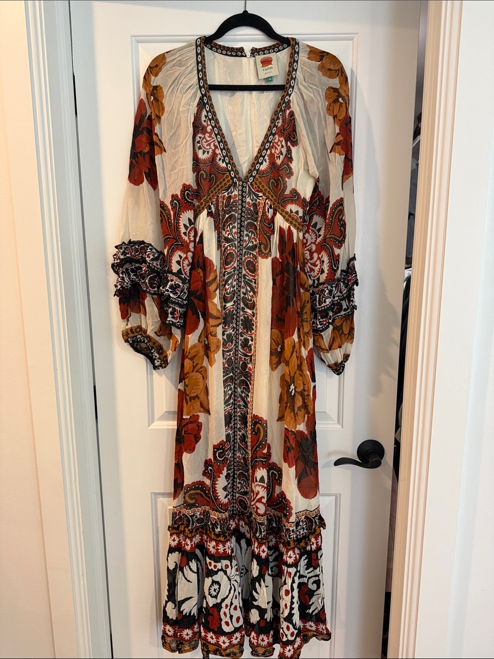 FARM Rio Brown Paisley Bloom Long-Sleeve Maxi-Dress Cream & Red - Picture 6 of 6